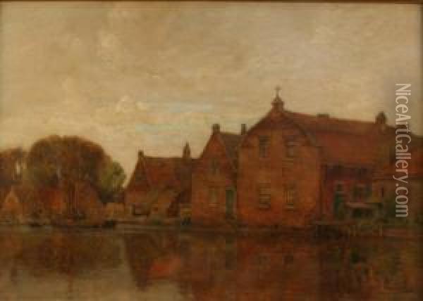 Dutch Canal View With Brick Warehouses And Farmstead Near Moored Barges Oil Painting - Thomas Leitner