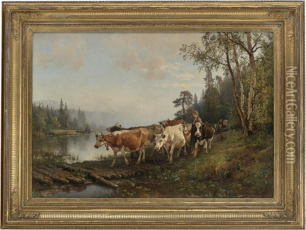 Mowing The Cattle Oil Painting - Anders Monsen Askevold