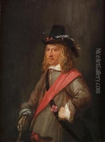 Portrait Of An Officer, 
Small-half-length, In A Grey Coat With A Red Sash And Holding A Baton Oil Painting - Joos van Craesbeeck