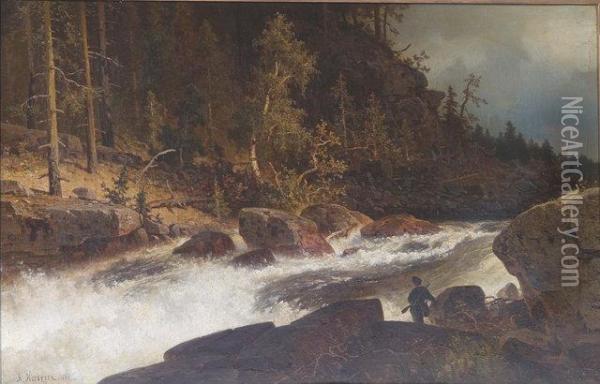 River Landscape With Angler Oil Painting - Axel Wilhelm Nordgren