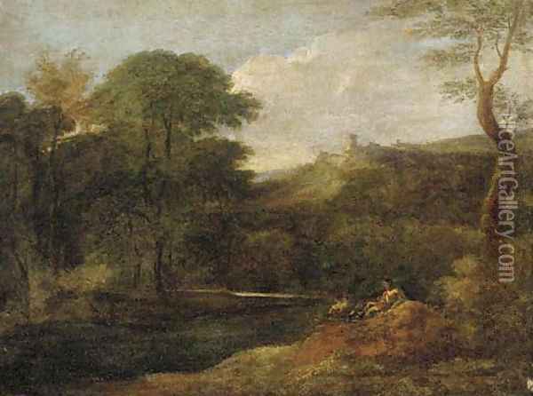 A river landscape with figures by a stream, a hilltop fort beyond Oil Painting - Gaspard Dughet