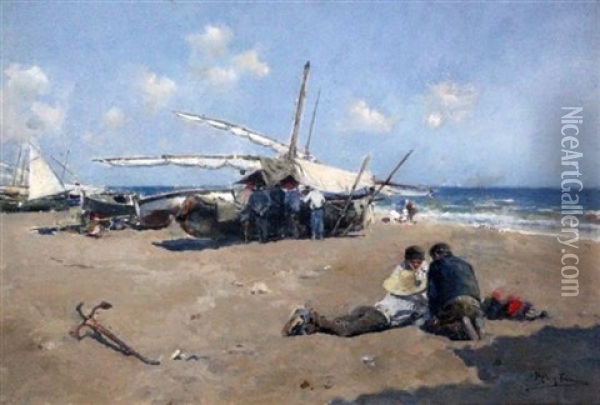 Fisherfolk On The Beach Oil Painting - Arcadi Mas y Fondevila