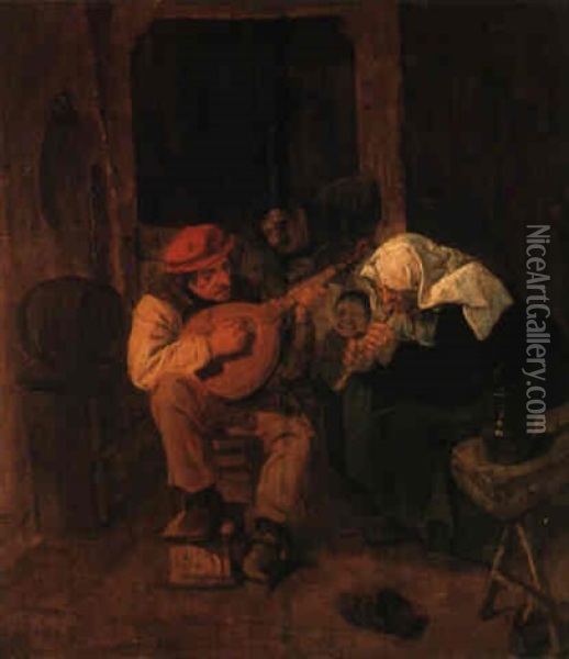 The Sense Of Hearing: Boors Making Music In A Tavern Oil Painting - Harmen Hals