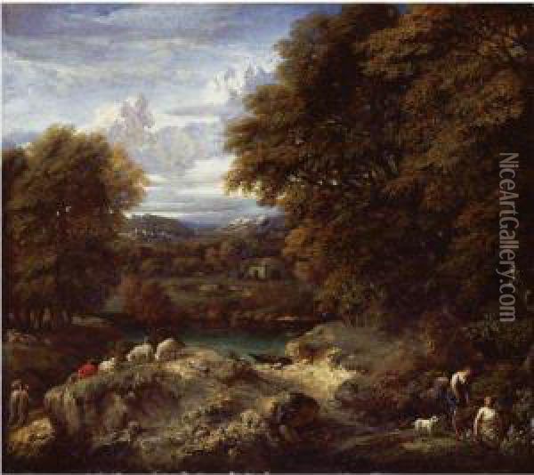A Wooded River Landscape With A Shepherd Resting Near His Flock Oil Painting - Cornelis Huysmans