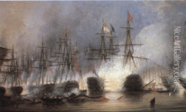The Battle Of Navarino Oil Painting - George Philip Reinagle