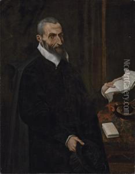 Portrait Of A Gentleman, 
Possibly Manuzio De Manuzzi,three-quarter-length, Holding A Letter With 
Quills, Ink And Anenvelope On A Carpet-covered Table Oil Painting - Lodovico Carracci