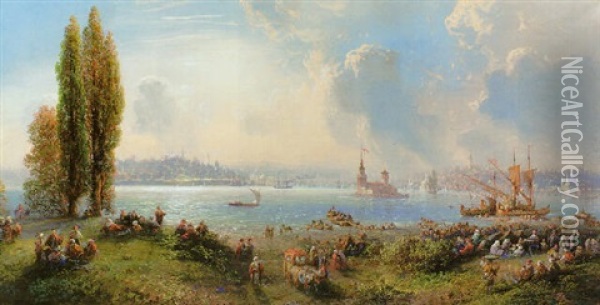A View From Uskudar Towards Constantinople Oil Painting - Carlo Bossoli