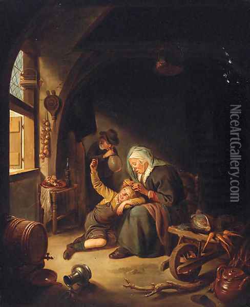 A woman de-lousing a boy in an interior Oil Painting - Gerrit Dou