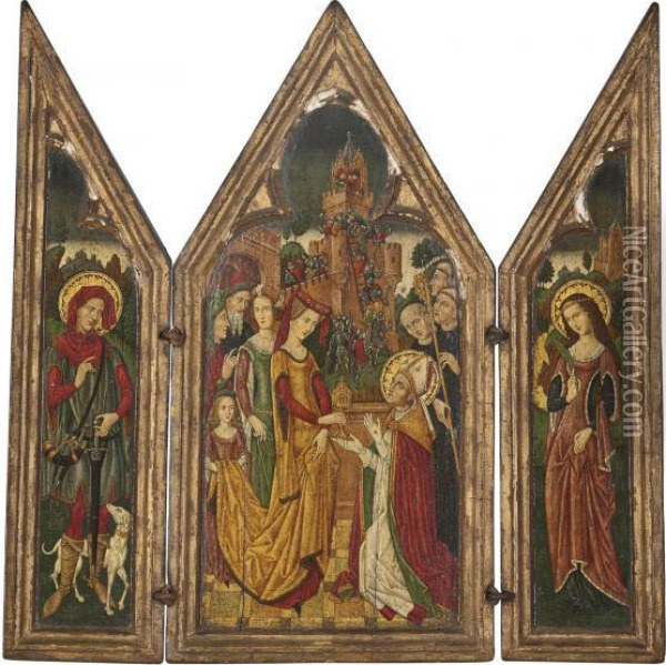 A Triptych: A Lady Presenting A 
Monstrance To A Bishop Saint, A Castle Being Stormed Beyond (central 
Panel); A Female Saint (right Wing); And A Male Saint (left Wing) Oil Painting - Spanish Forger