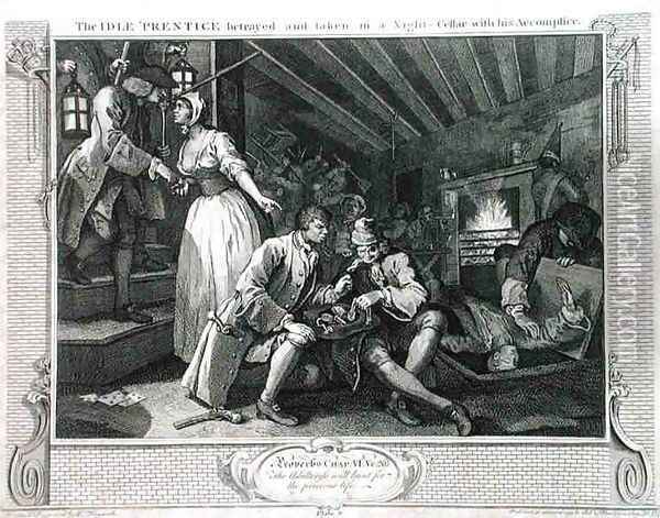 The Idle Prentice Betrayed by a Prostitute plate IX of Industry and Idleness Oil Painting - William Hogarth