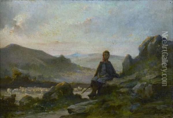 La Gardienne De Moutons Dans Les Montagnes Oil Painting - Edmond Louis Dupain