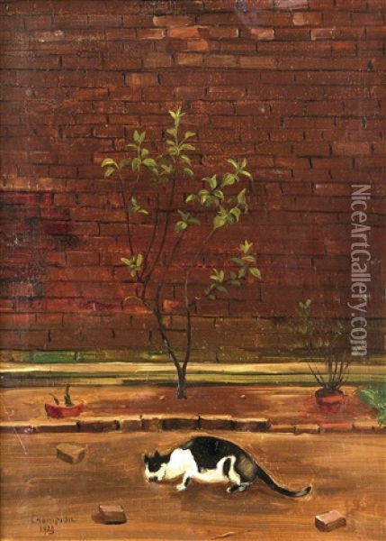 Schleichende Katze Vor Einer Backsteinmauer Mit Vereinzelten Strauchern Oil Painting - Theodore Champion