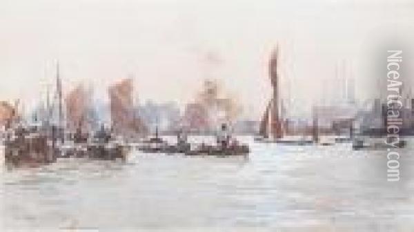 Dockland View With Rivercraft Oil Painting - Herbert Menzies Marshall
