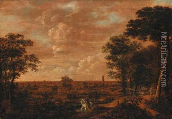An Extensive Wooded Landscape With A Traveller, A View Of Haarlem(?) Beyond Oil Painting - Salomon van Ruysdael