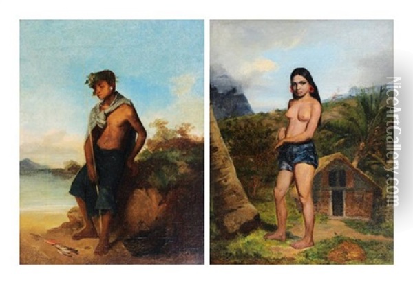 Pecheur Polynesien Et Femme Polynesienne (2 Works) Oil Painting - Sebastien Charles Giraud