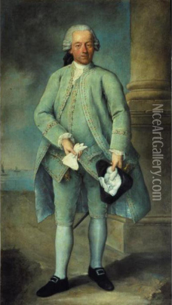 Portrait Of A Gentleman, 
Full-length Standing, Wearing A Powder-blue Costume And Holding A 
Tricorn Hat And Gloves, The Venetian Lagoon Beyond Oil Painting - Alessandro Longhi