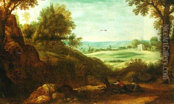 A Wooded Landscape With Huntsmen Oil Painting - Paul Bril
