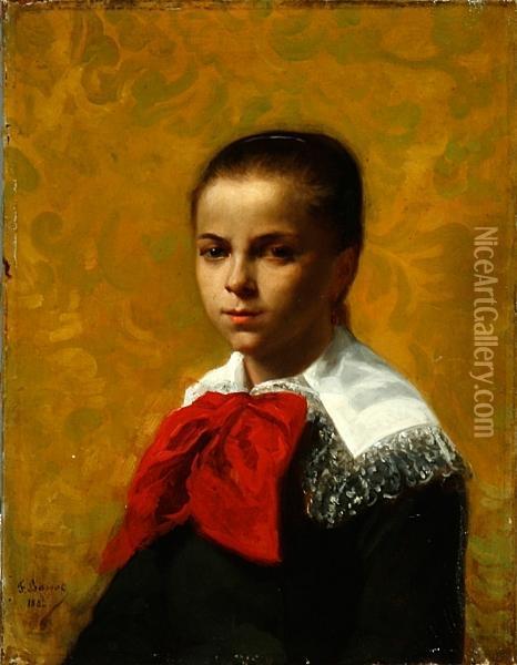 Bassot: Young Girl With A Red Scart. Signed And Dated F. Bassot 1882 Oil Painting - Ferdinand Bassot