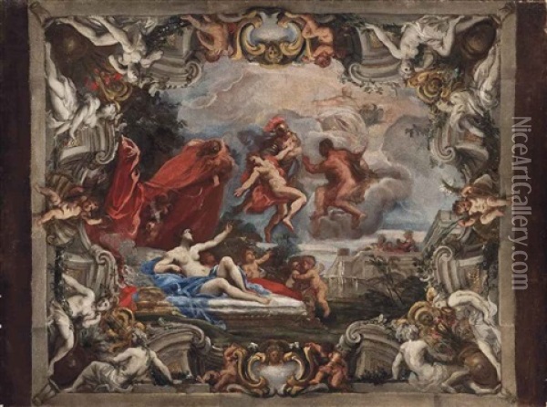 Mars Being Taken From Venus, At The Request Of Vulcan: A Ceiling Bozzetto Oil Painting - Lorenzo De Ferrari