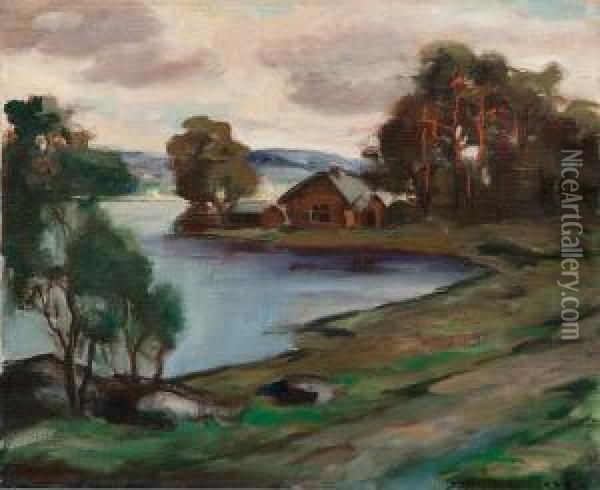 A Cabin By The Lake Oil Painting - Jalmari Ruokokoski