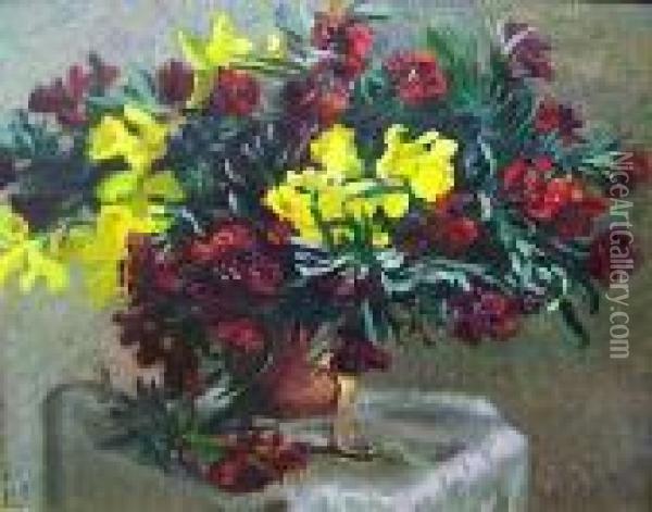 Bouquet De Jonquilles Et Fleurs Rouges Oil Painting - Eugene Henri Cauchois