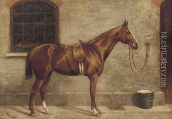 A chestnut horse beside a stable Oil Painting - English School