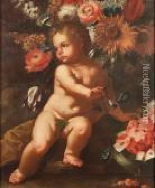 A Putto Beside A Watermelon, 
Beneath A Sunflower, Convolvulus, Tulips And Other Flowers, A Fragment Oil Painting - Frans Werner Von Tamm