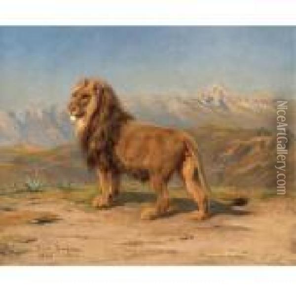 Lion In A Mountainous Landscape Oil Painting - Rosa Bonheur