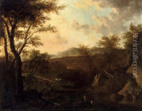 An Italianate River Landscape 
With Fishermen, A Washer Woman And A Traveller On Horseback Beyond Oil Painting - Frederick De Moucheron