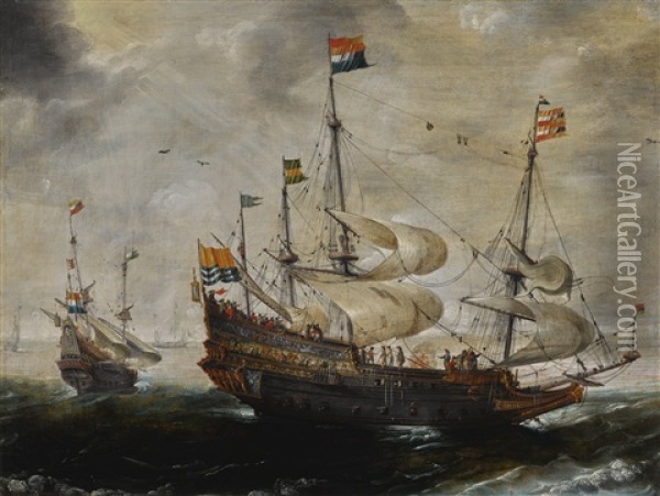A Four-masted Ship Flying The Flag Of Zeeland, Another Vessel Beyond Oil Painting - Andries Van Eertvelt