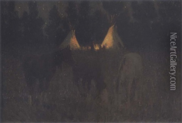 Crow Camp By Moonlight Oil Painting - Elling William Gollings