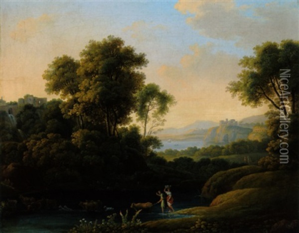Klassische Landschaft Mit Zwei Hirtinnen Mit Herde An Einer Furt Oil Painting - Johann Christian Reinhart