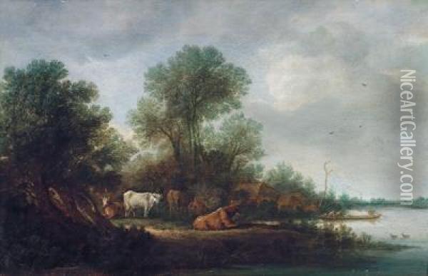Bewaldete Flusslandschaft Mit Einer Fahre Und Kuhen Oil Painting - Salomon van Ruysdael