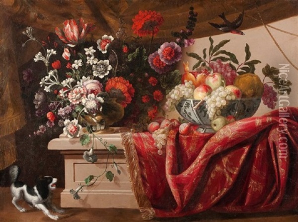 Coupe De Fruits Et Vase De Fleurs Sur Un Entablement Avec Un Tapis Oil Painting - Nicolas de Largilliere