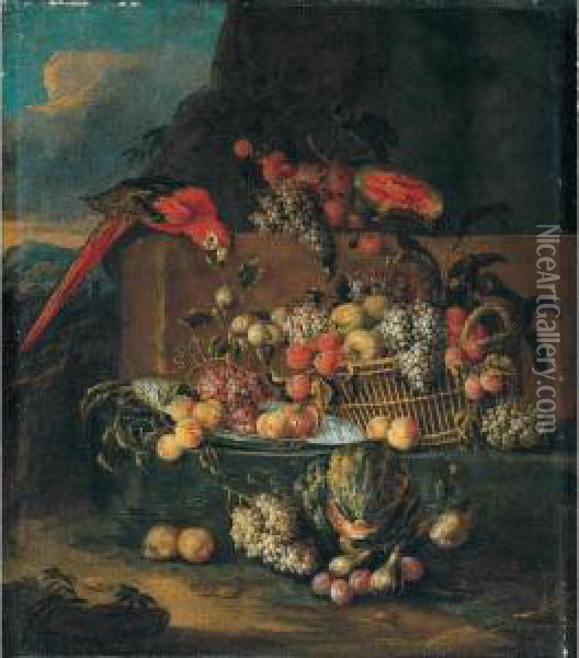 Still Life Of Fruits In A Basket And A Blue And White Dish With A Parrot In A Landscape Oil Painting - Jan Pauwel Ii Gillemans