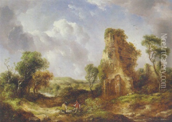 Travellers Resting Before A Church Ruin Oil Painting - Richard H. Hilder