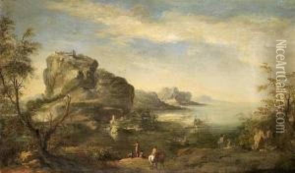 Travellers Resting Before A Costal Landscape Oil Painting - Pandolfo Reschi