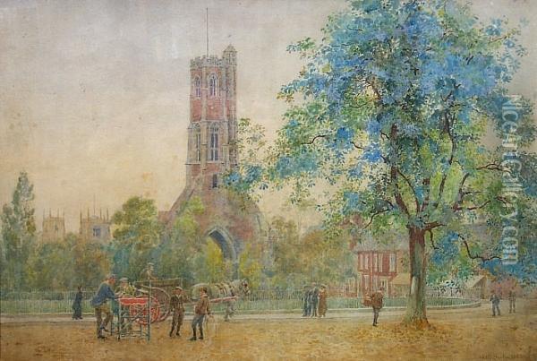 Figures And A Horse And Cart At Greyfriar's Church, Kings Lynn Oil Painting - George Moore Henton