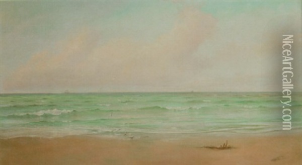 Waves Breaking On A Sandy Beach, Shipping On The Horizon Oil Painting - Horace Hughes Stanton