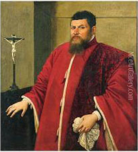 Portrait Of A Venetian Senator, Standing Beside A Table Oil Painting - Domenico Tintoretto