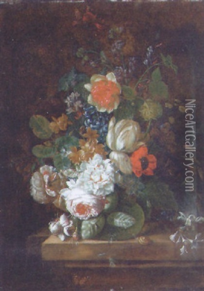 Roses, A Tulip, A Poppy And Other Flowers In A Glass Vase With A Snail And A Butterfly On A Stone Ledge In A Niche Oil Painting - Jan Van Huysum