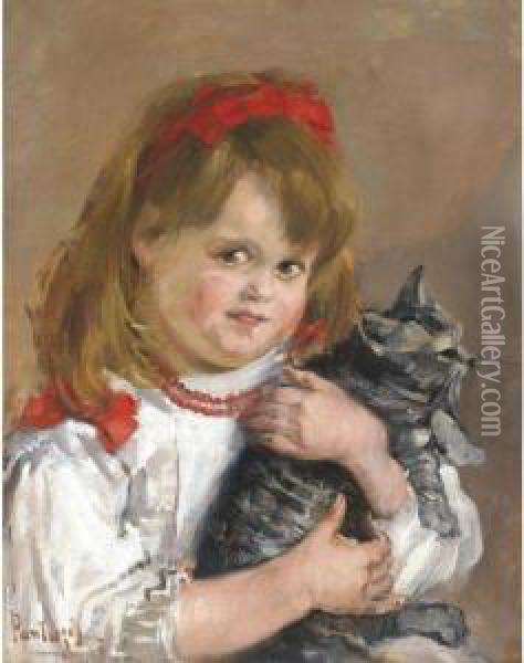Little Girl With Her Cat Oil Painting - Pericles Pantazis