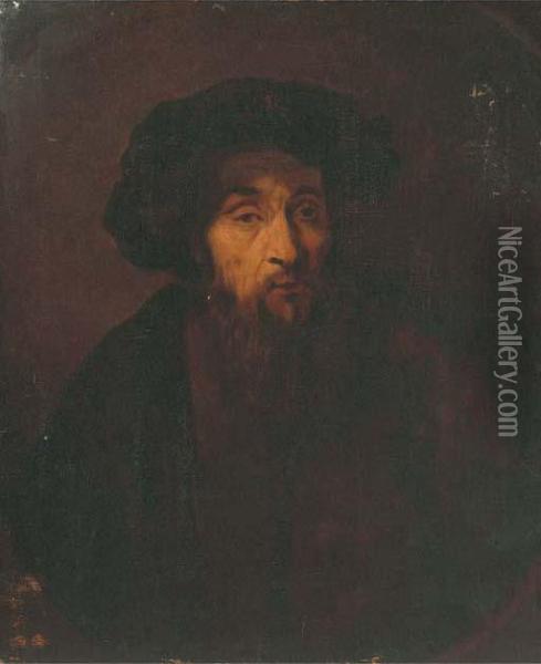 A Bearded Man, Bust-length, With A Black Cap, In A Fiegnedoval Oil Painting - Rembrandt Van Rijn