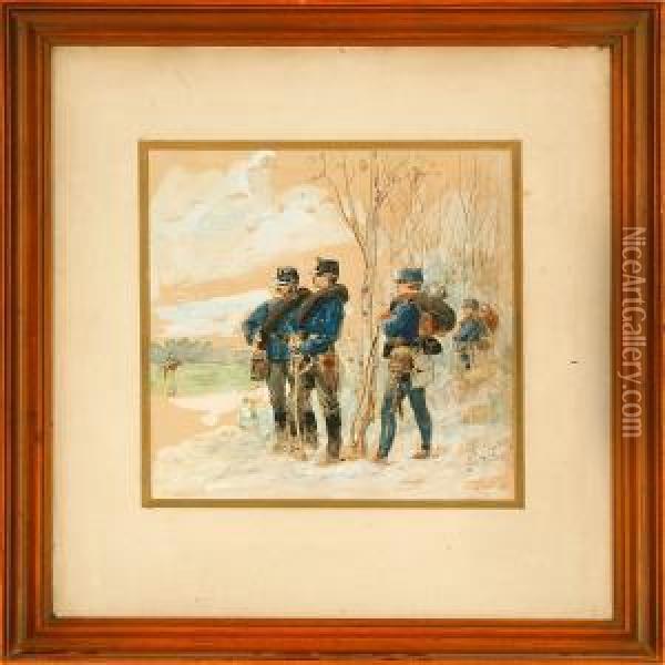 Frenchsoldiers In The Edge Of A Forrest Oil Painting - Charles Bombled