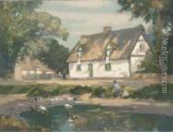 The Village Duck Pond Oil Painting - Augustus William Enness