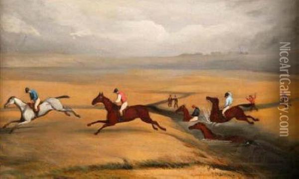 Indistinctly Signed And Dated 1850 Oilon Canvas Titled steeple Chasing 13 X 22 Oil Painting - Thomas Henwood