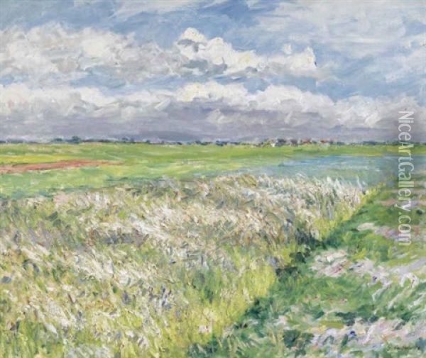 Les Champs, Plaine De Gennevilliers, En Jaune Et Vert (study) Oil Painting - Gustave Caillebotte