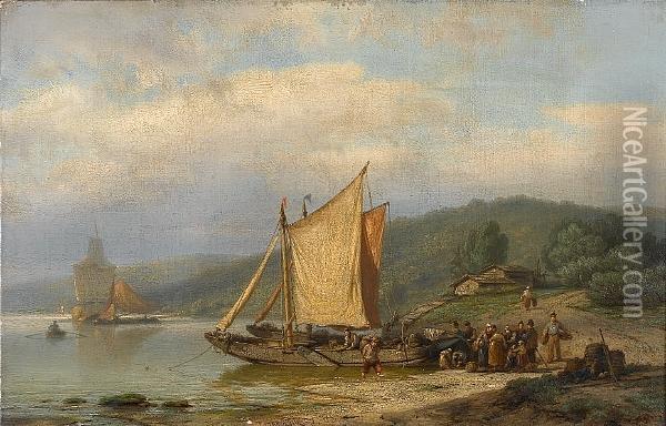 Unloading The Barge Oil Painting - Johannes Hermann Barend Koekkoek