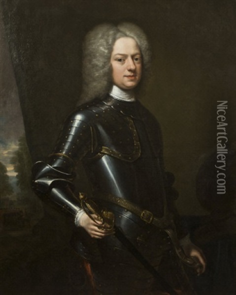 Portrait Of A Gentleman In Armor, His Hand Holding His Sword, Behind Him A Distant Landscape With Troop Of Horses In Redcoats Oil Painting - Garret Morphey