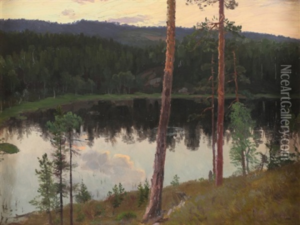 Skogspeiling I Stille Tjern, Heggedal 1893 Oil Painting - Christian Eriksen Skredsvig